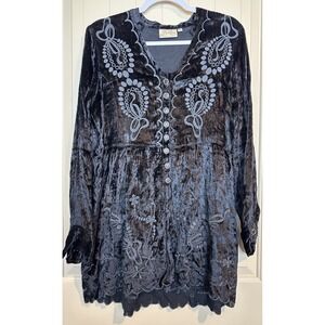 The Paper Lace Black Velvet  Long-Sleeve Boho  Whimsygoth Embroidered Dress Sz S